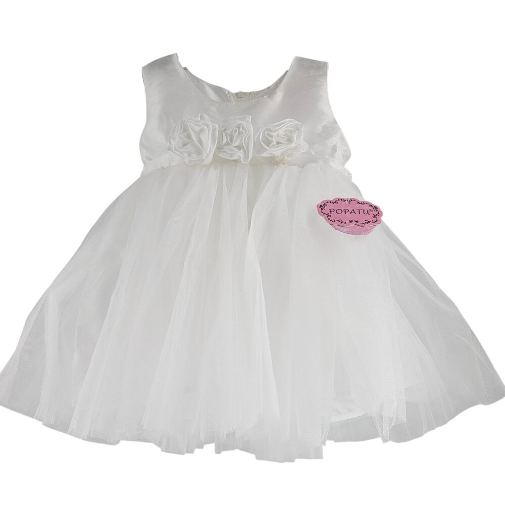 Popatu White Rosette Tulle Dress Flower Girl Fancy Size 18 Months